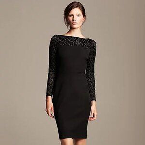Roland Mouret for Banana Republic Black Dress Sheer Lace Sleeves Flattering Fit